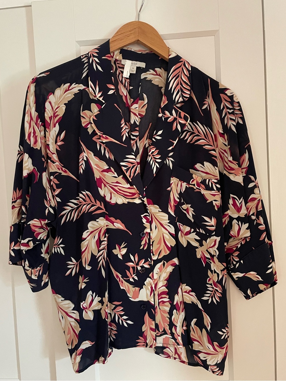 Joie Navy Floral Silk Button-Down Shirt with Cream and Pink Leaves